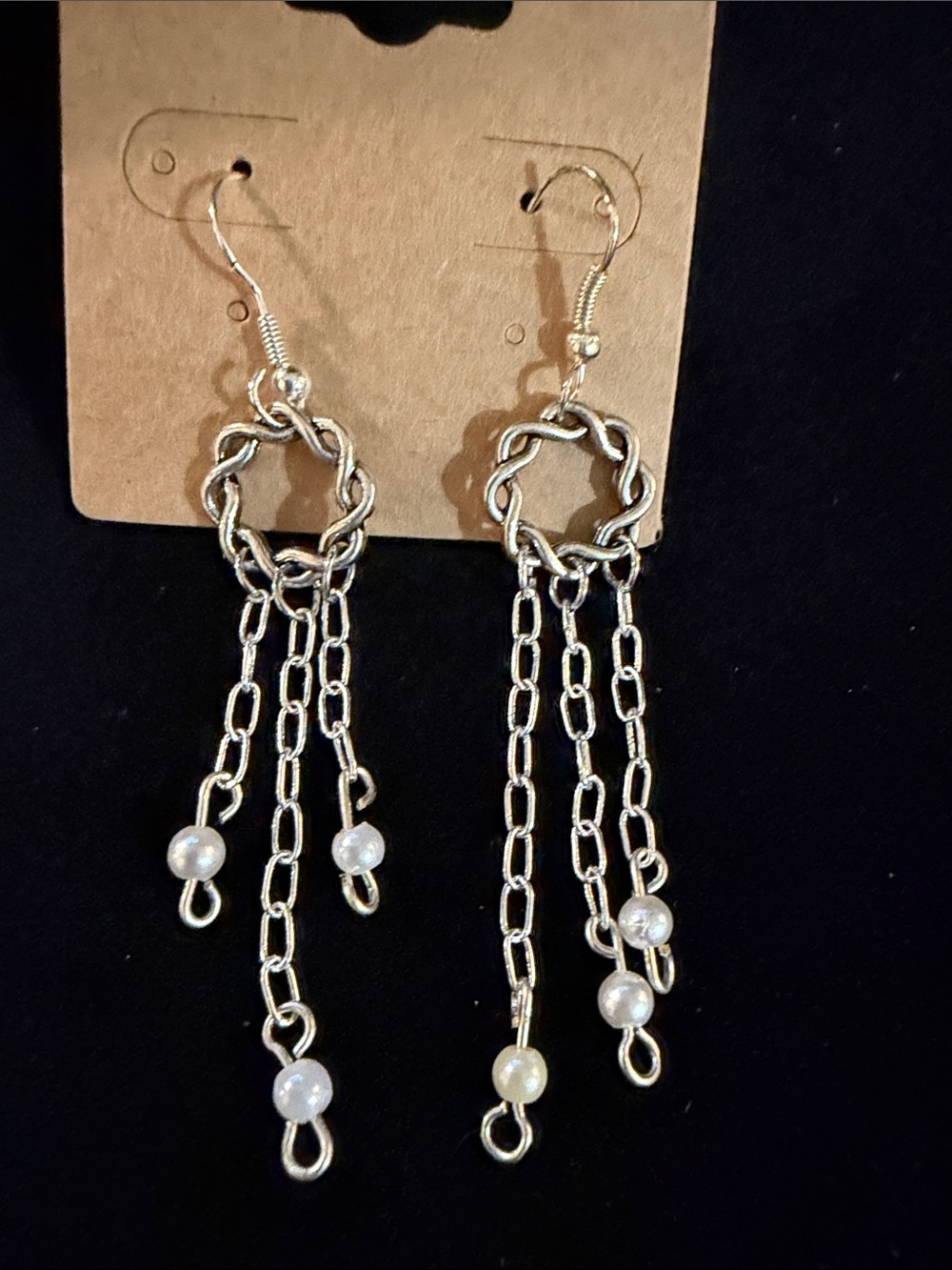 Silver Chain Drop Earrings with Pearl Charms